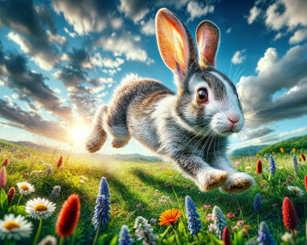 Playful Rabbit Leaping in a Colorful Meadow Scene