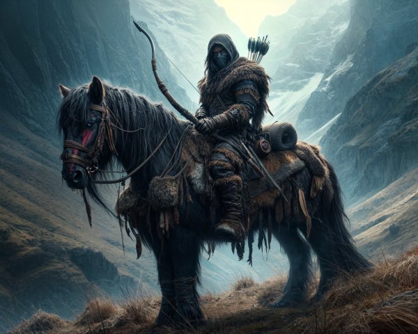 Mysterious Archer on Horse in Dramatic Mountain Scene