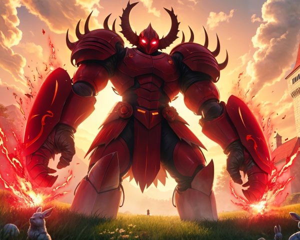 Armored Figure in Sunset Over Serene Landscape