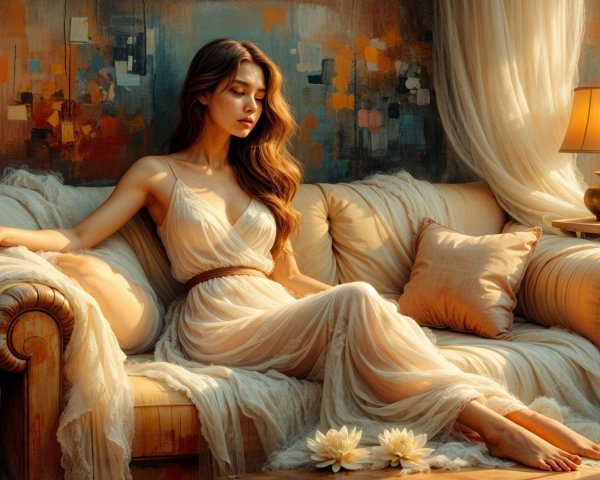 Serene Woman in Ethereal Dress on Vintage Sofa