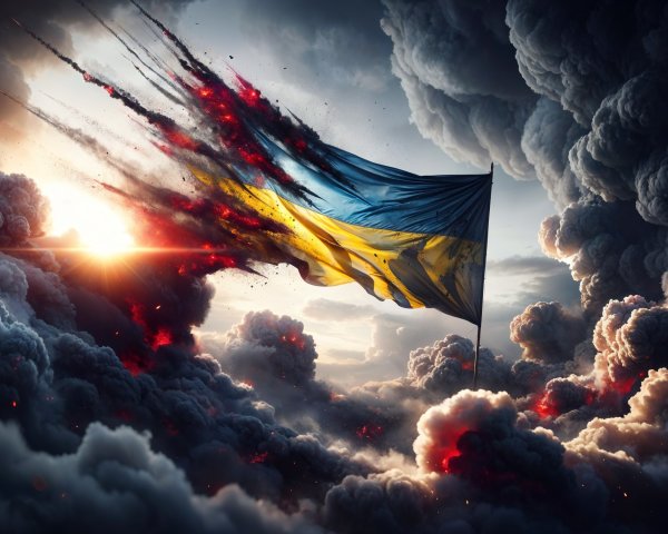 Ukrainian Flag in Turbulent Sky Symbolizing Resilience