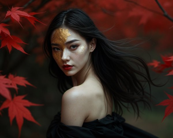 Young Woman in Autumn with Gold and Maple Leaves
