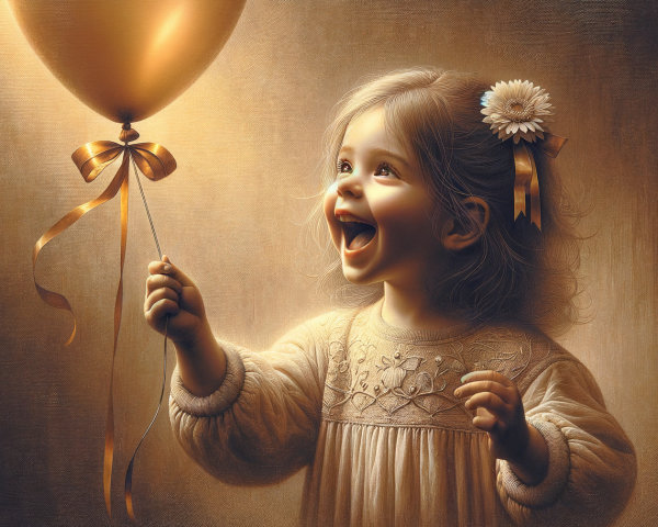 Joyful young girl with golden balloon and charming dress