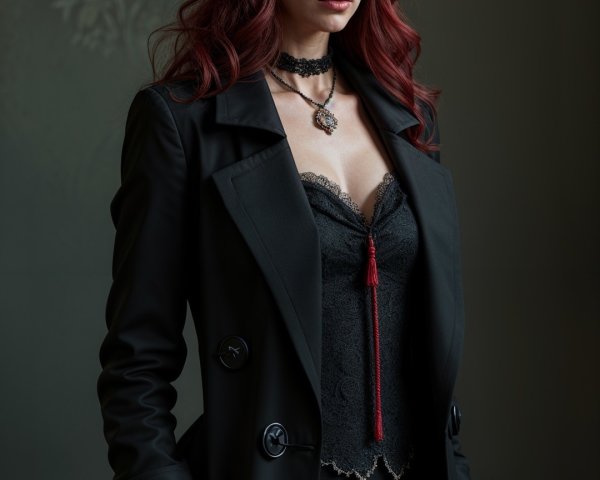 Woman in Black Outfit with Fur and Lacy Top