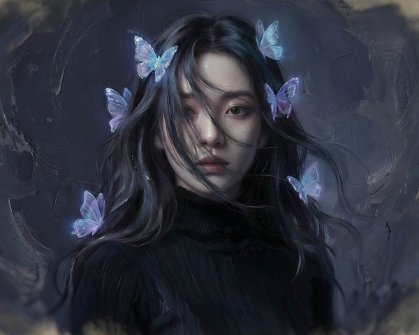 Digital painting of an Asian woman with butterflies