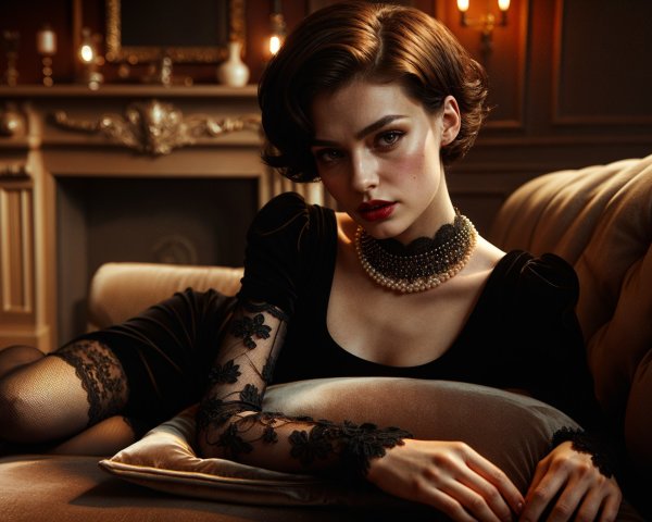 Glamorous Woman in Black Dress on Plush Couch