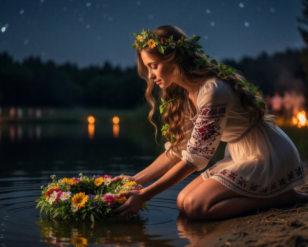 Young woman in floral crown by dark lake at dusk