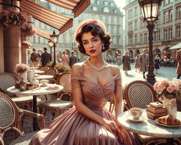 Elegant Café Scene with Vintage Fashion and Flowers