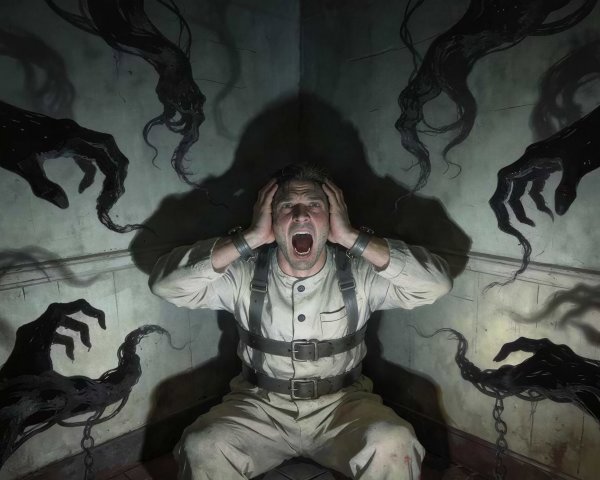 Dramatic Artwork of a Man in a Straitjacket in Horror