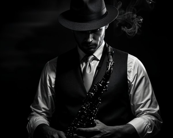 Monochrome Portrait of a Man with Saxophone and Smoke
