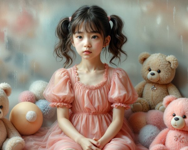 Young girl in pink dress surrounded by teddy bears