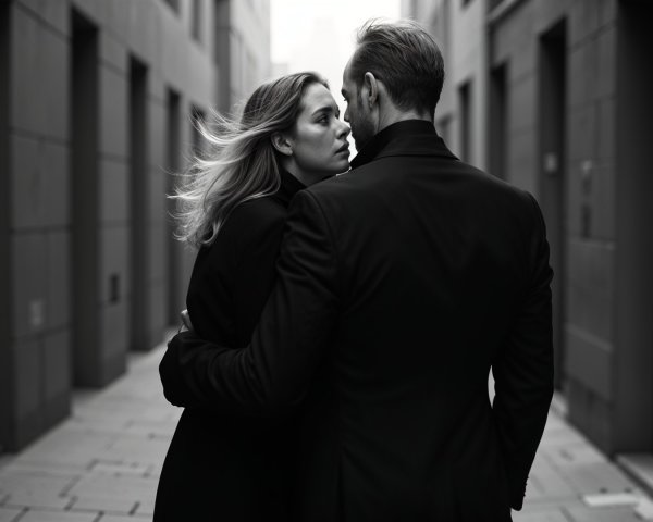 Intimate Black-and-White Scene of a Couple in Alley
