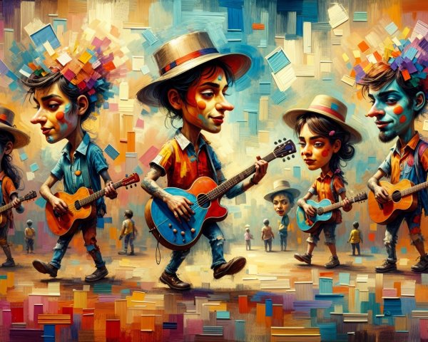 Surreal Illustration of Character Playing Guitar in Colorful Landscape