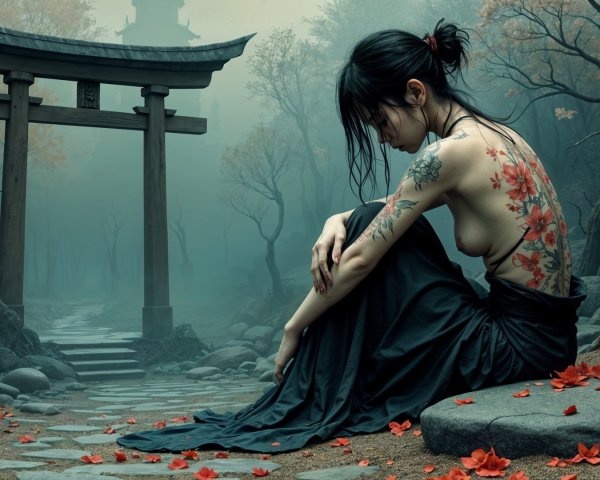 Serene Landscape with Woman in Black Dress and Torii Gate