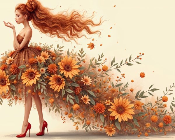 Whimsical Figure in Floral Gown Surrounded by Nature