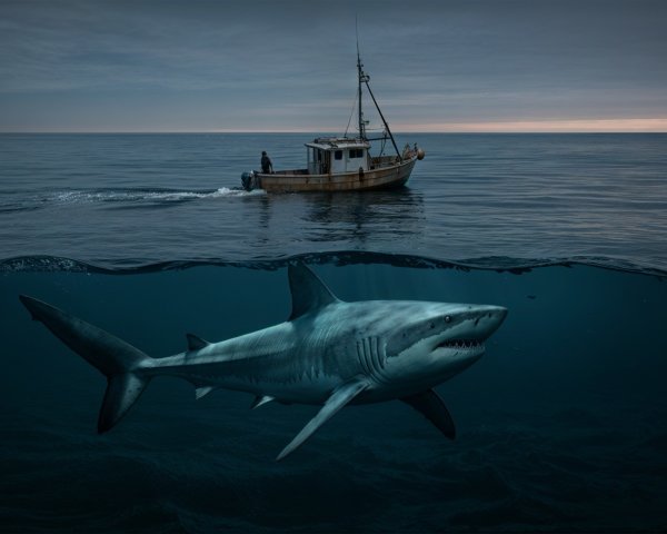 Fishing Boat on Calm Waters with Great White Shark Below