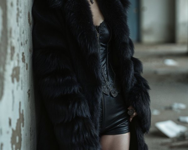 Bold Figure in Black Fur Coat Against Weathered Wall
