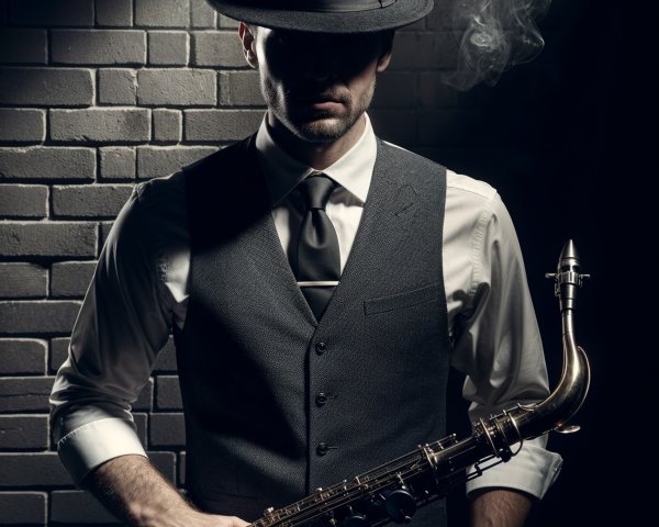 Mysterious Saxophonist in Stylish Attire Against Wall