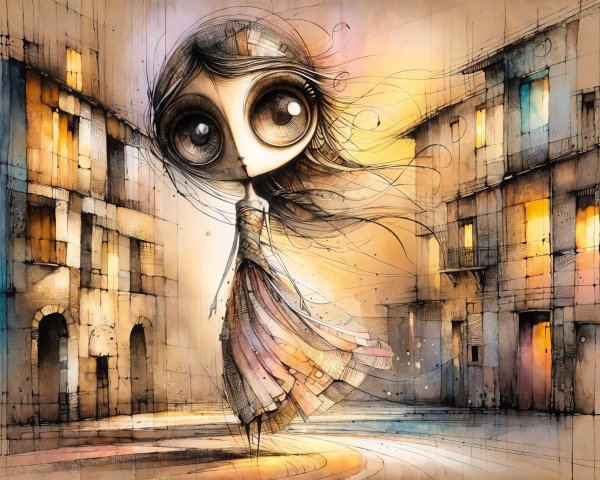 Whimsical Illustration of a Girl in a Quaint Alleyway