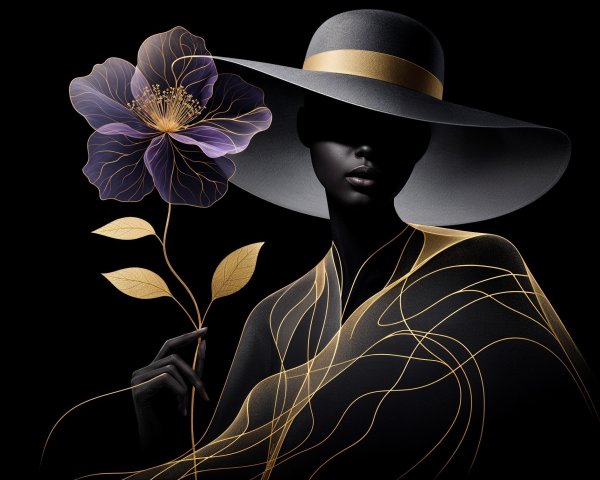 Stylized Figure with Flower Against Black Background