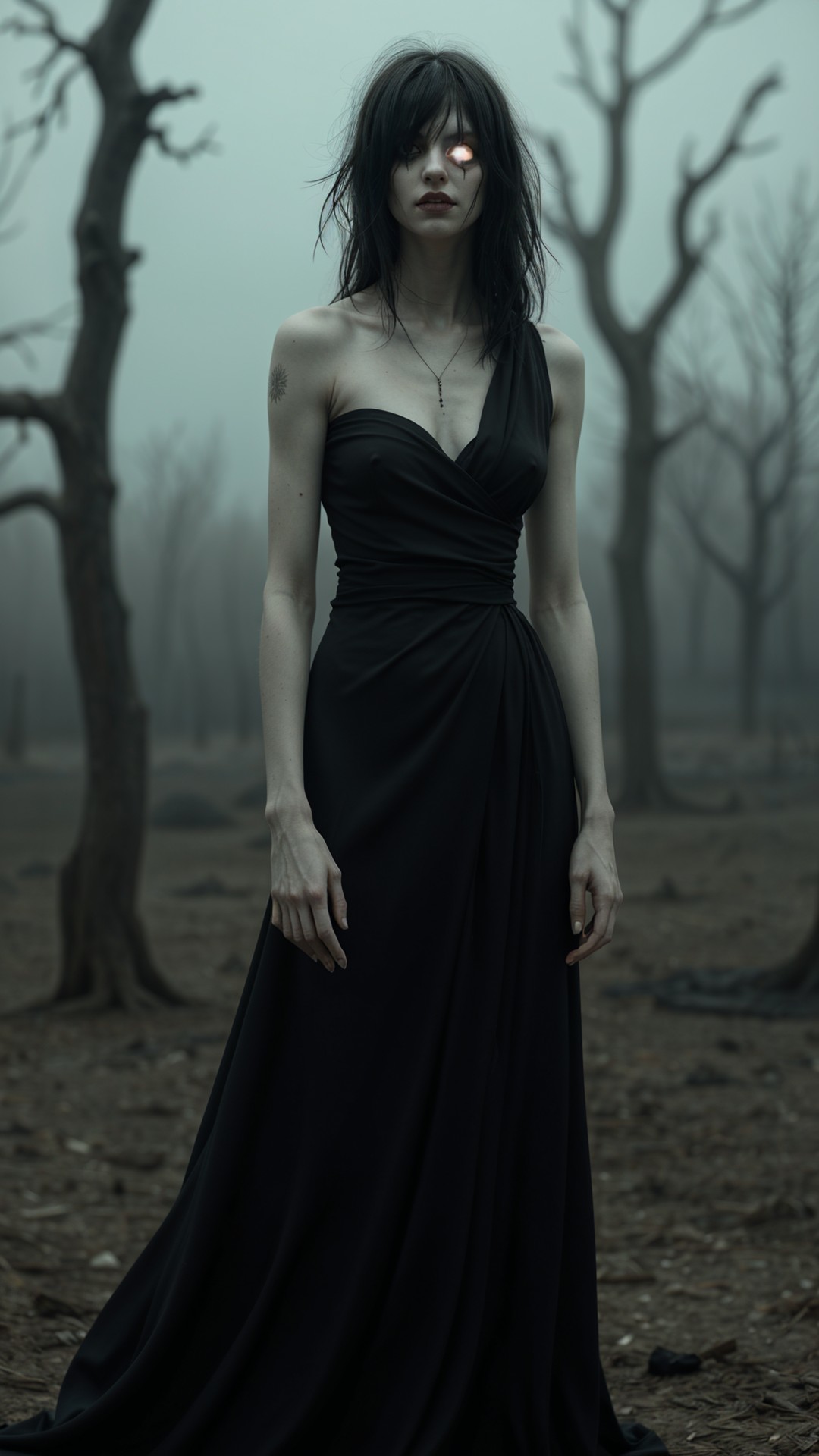 Eerie Figure in Black Dress in Foggy Landscape