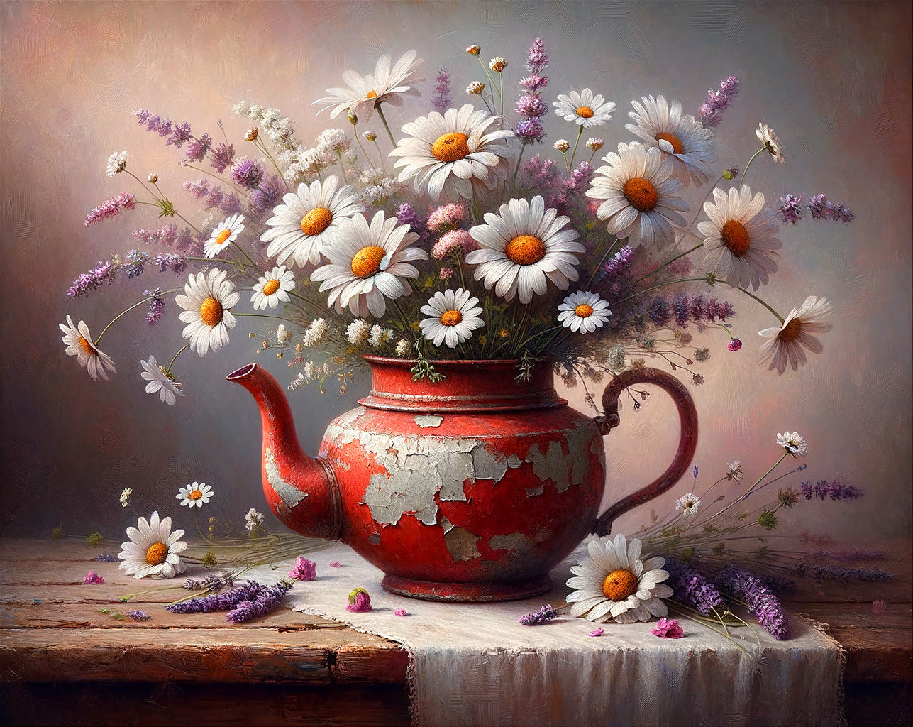 Rustic Charm: Daisies in Red Teapot