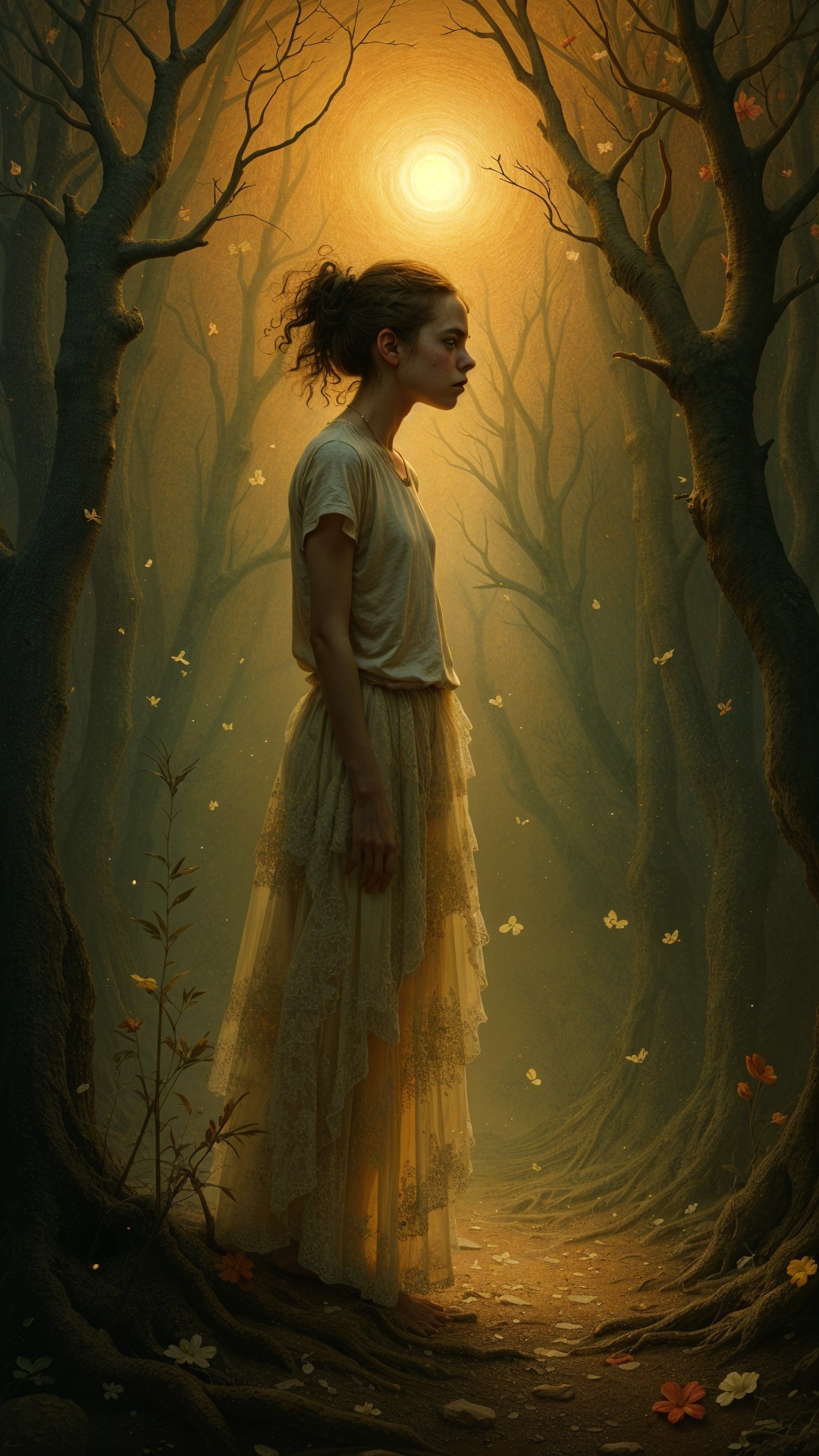 Young woman in mystical forest with butterflies and flowers