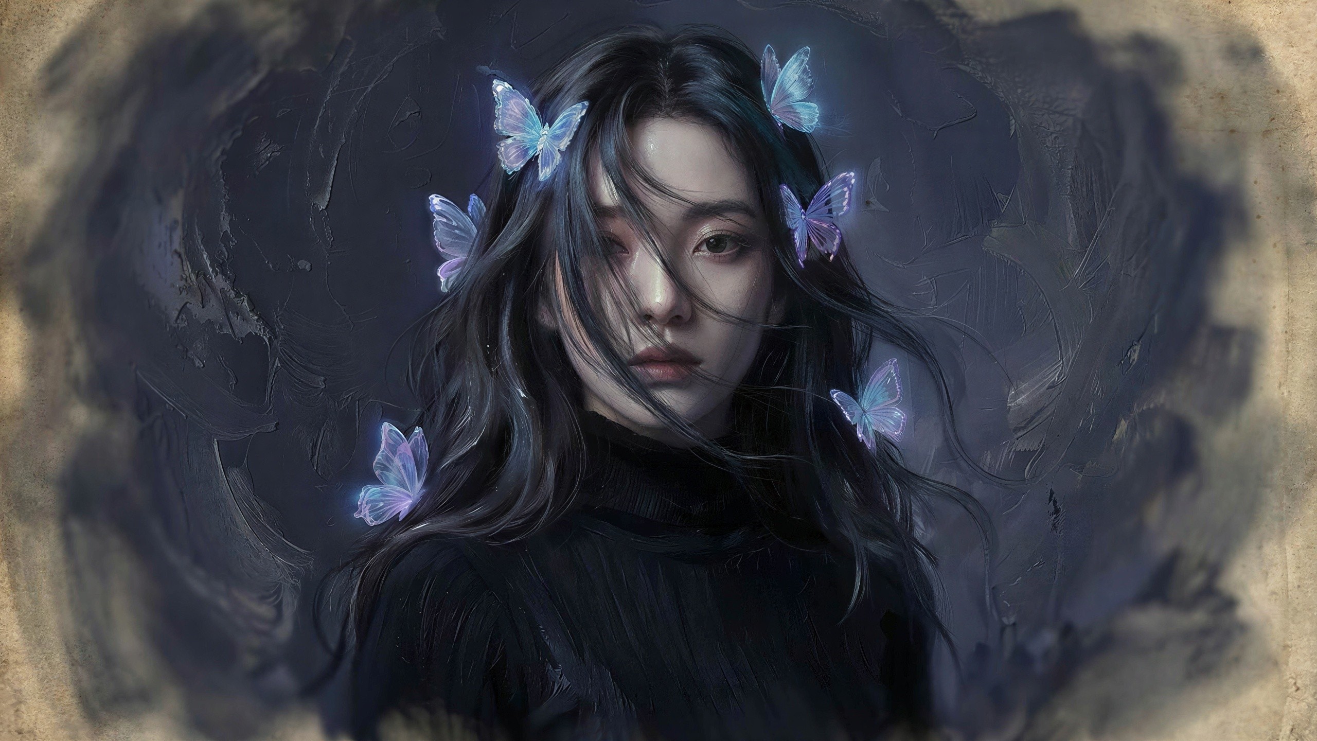 Digital painting of an Asian woman with butterflies