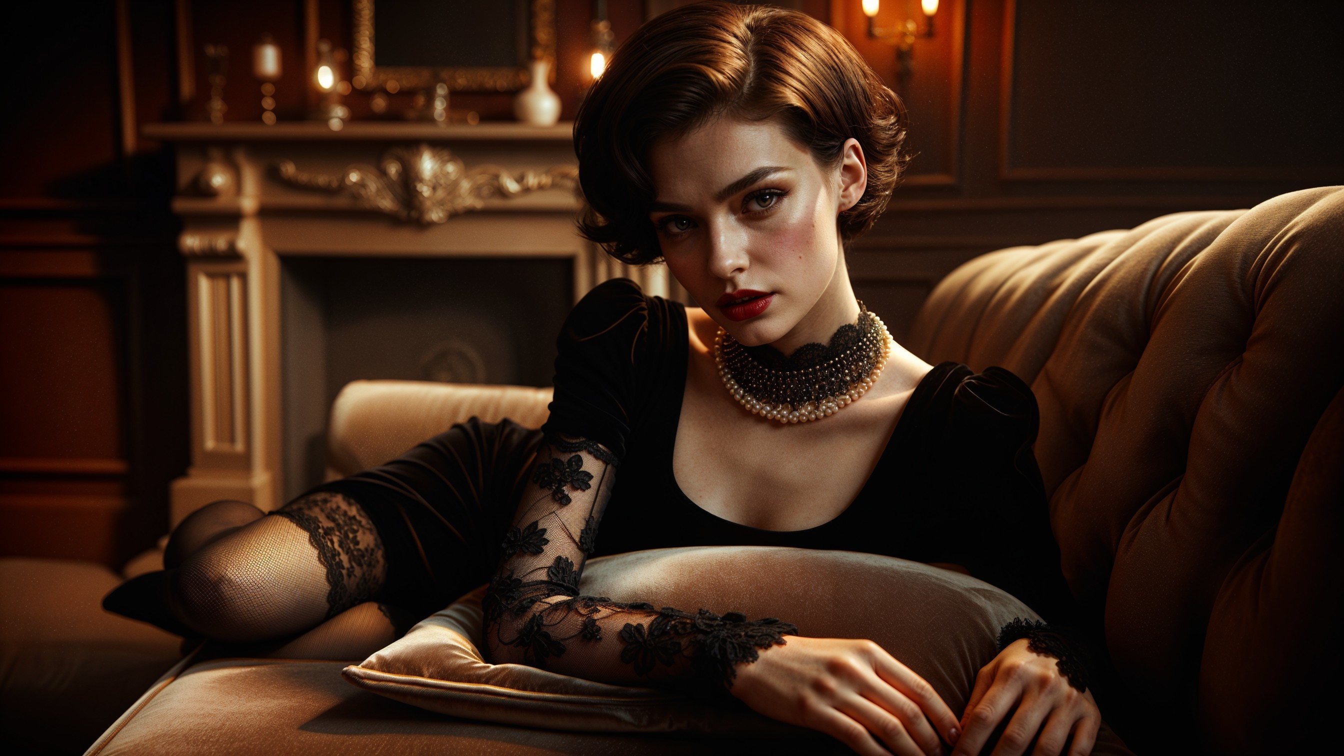 Glamorous Woman in Black Dress on Plush Couch