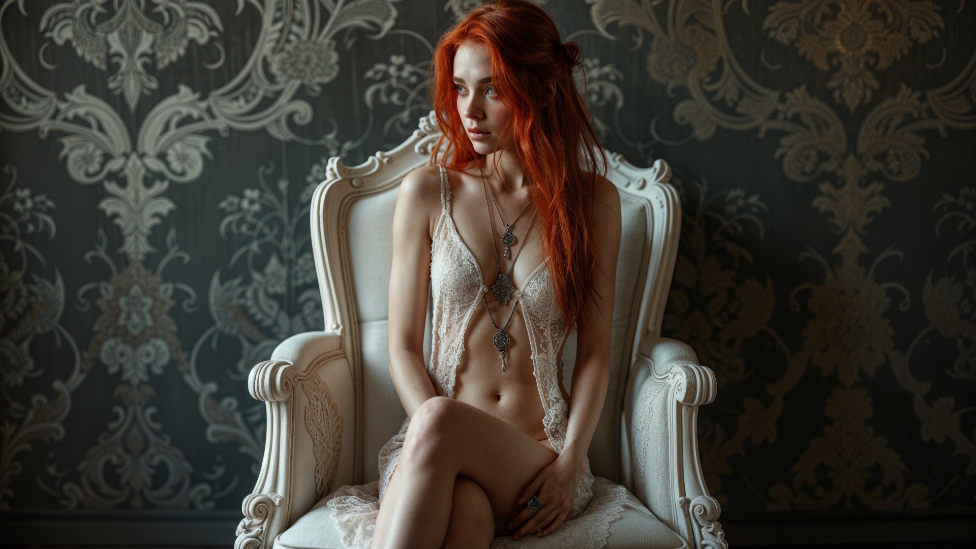 Elegant Woman with Red Hair in Ornate Chair