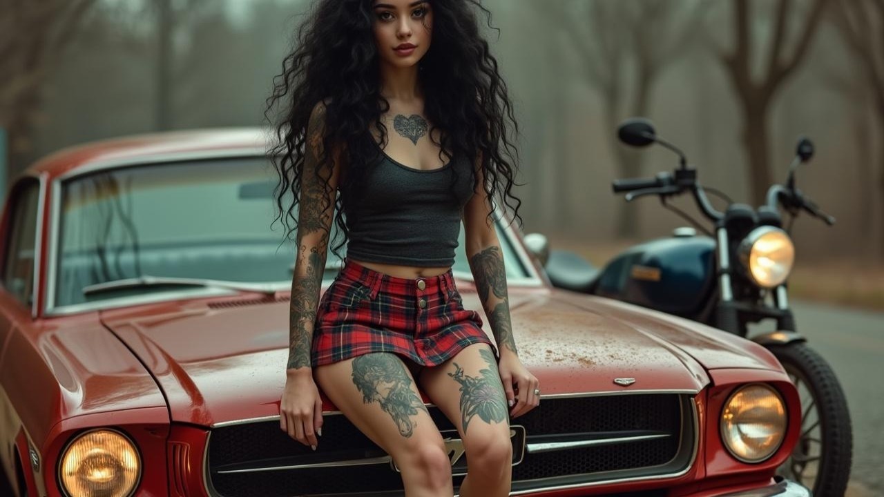 Young woman on classic red muscle car with tattoos