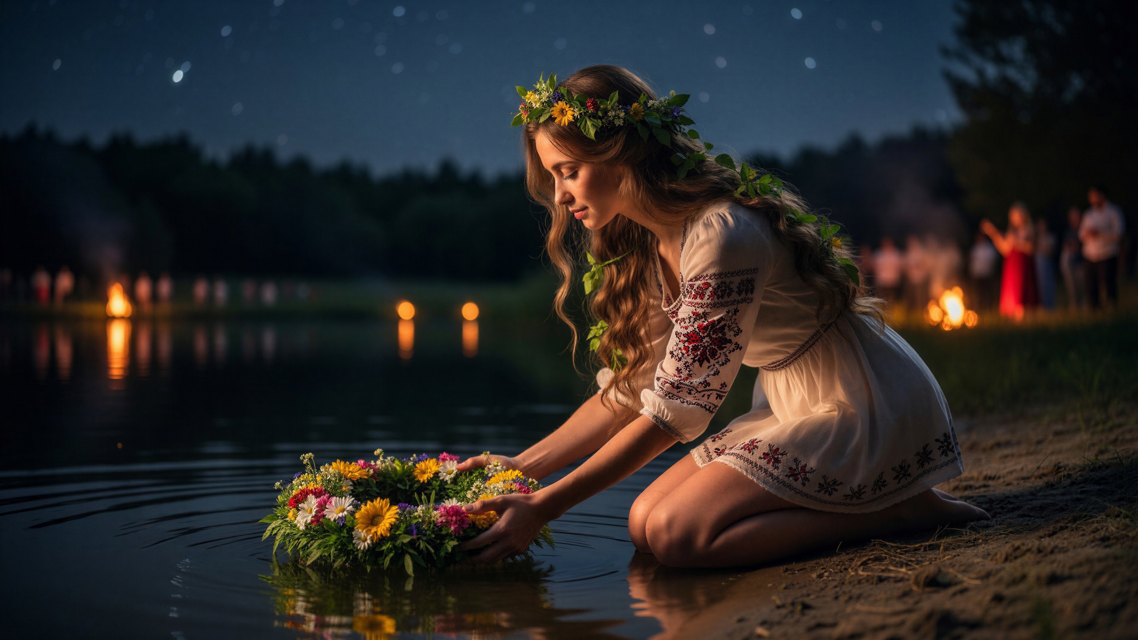 Young woman in floral crown by dark lake at dusk