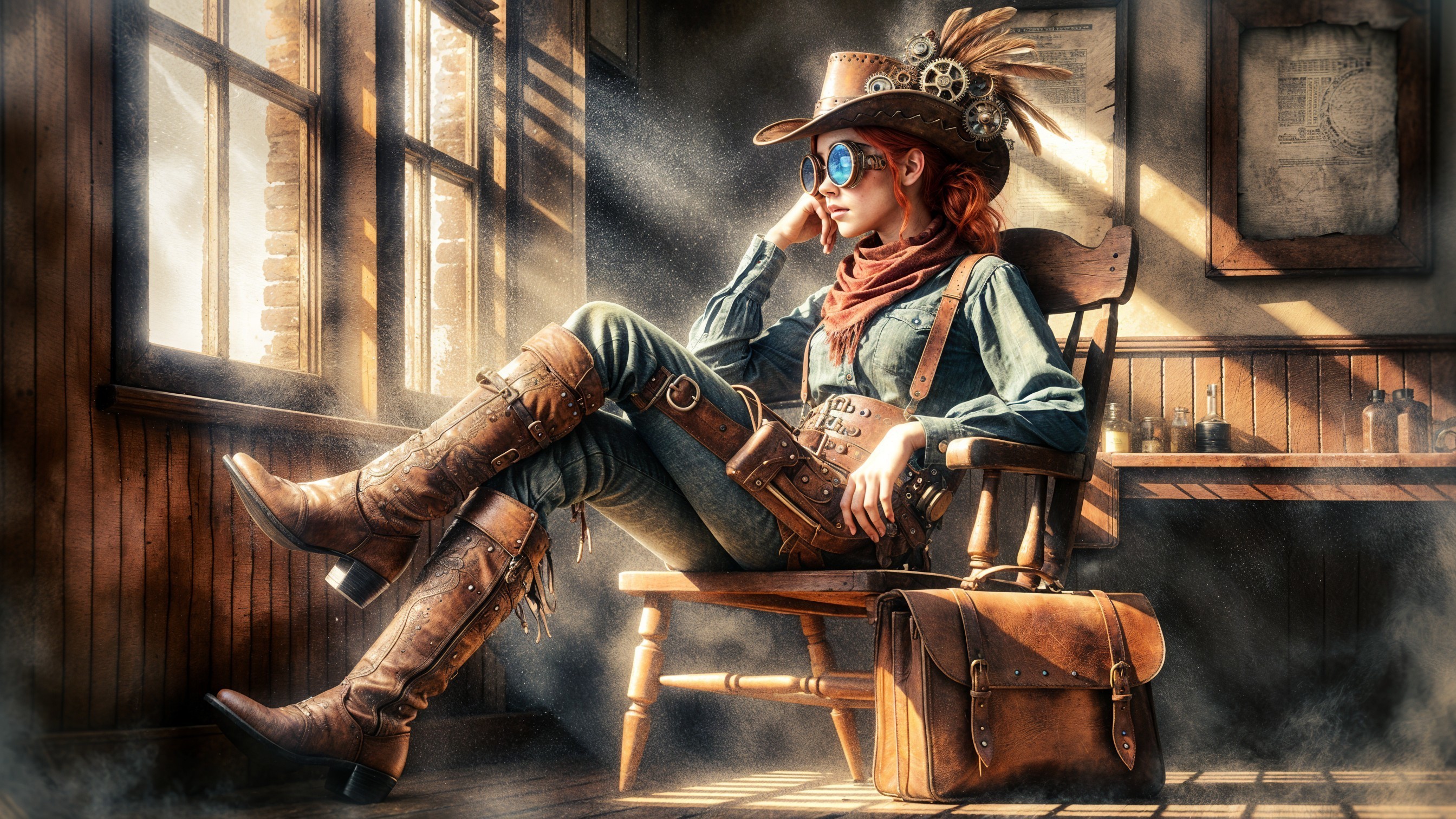 Steampunk Cowgirl in Rustic Setting with Dramatic Light