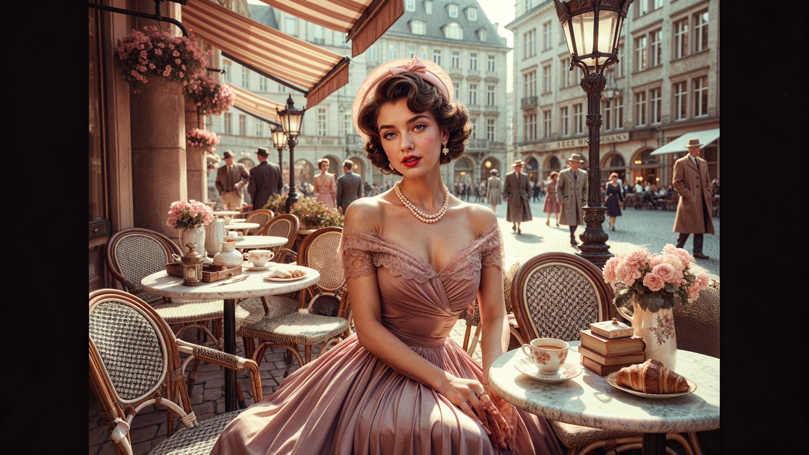 Elegant Café Scene with Vintage Fashion and Flowers