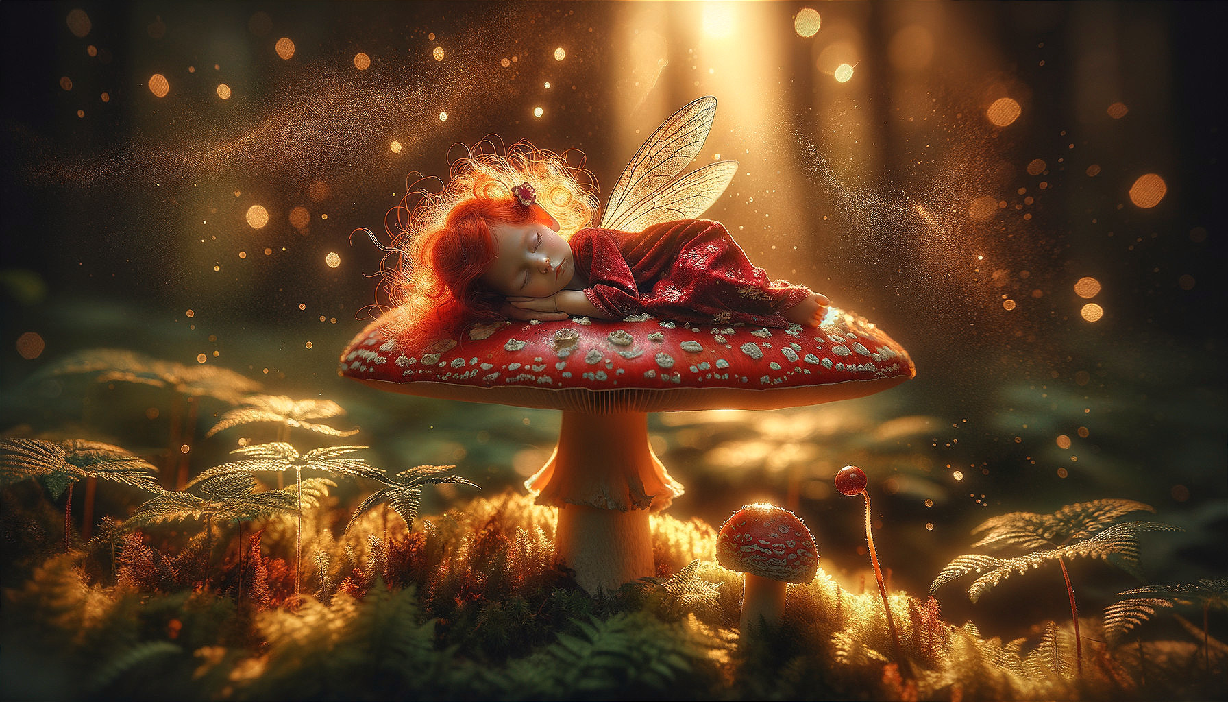 Fairy Sleeping on Colorful Mushroom in Serene Forest