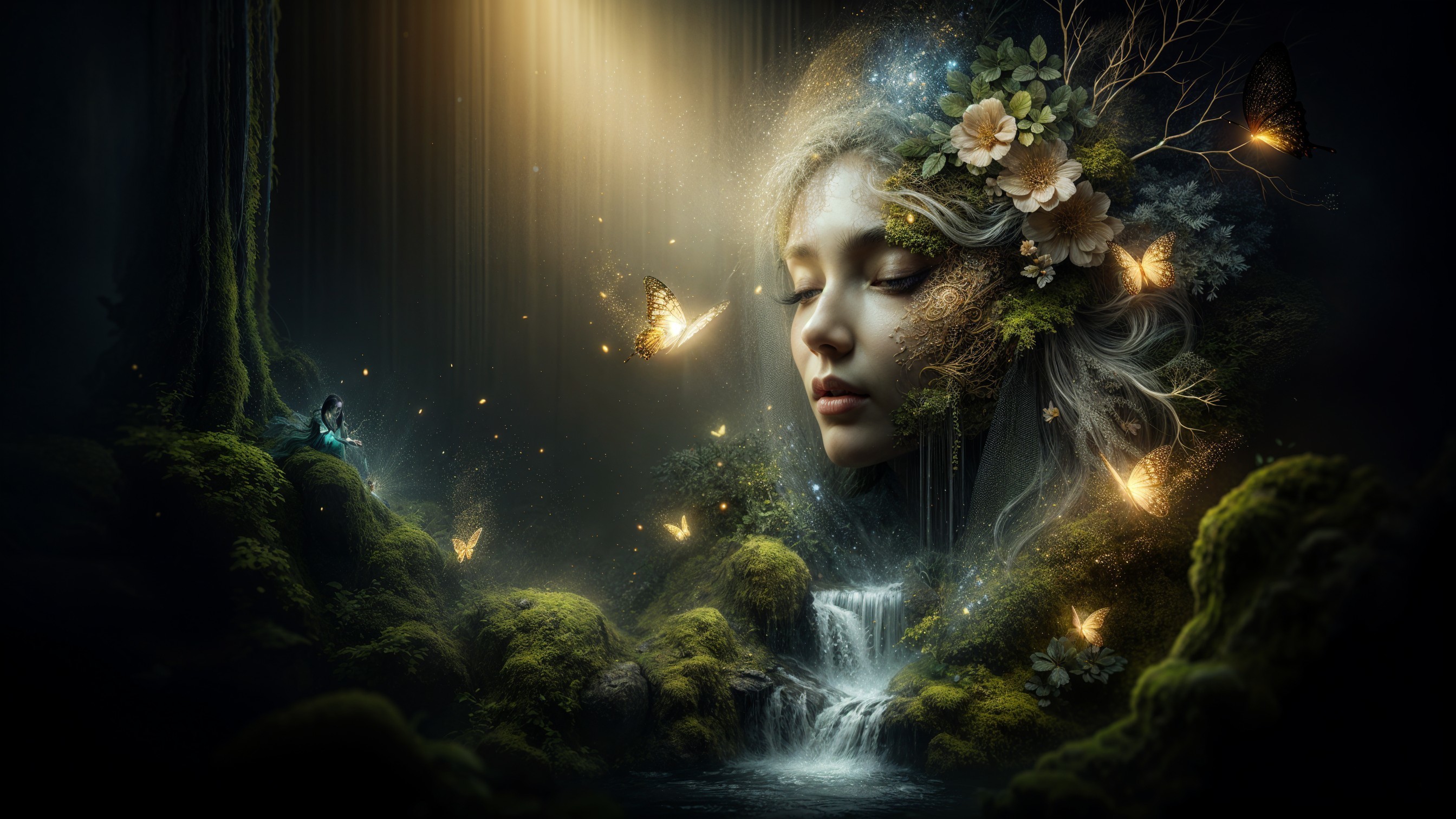 Mystical Woman's Face Entwined with Nature Elements
