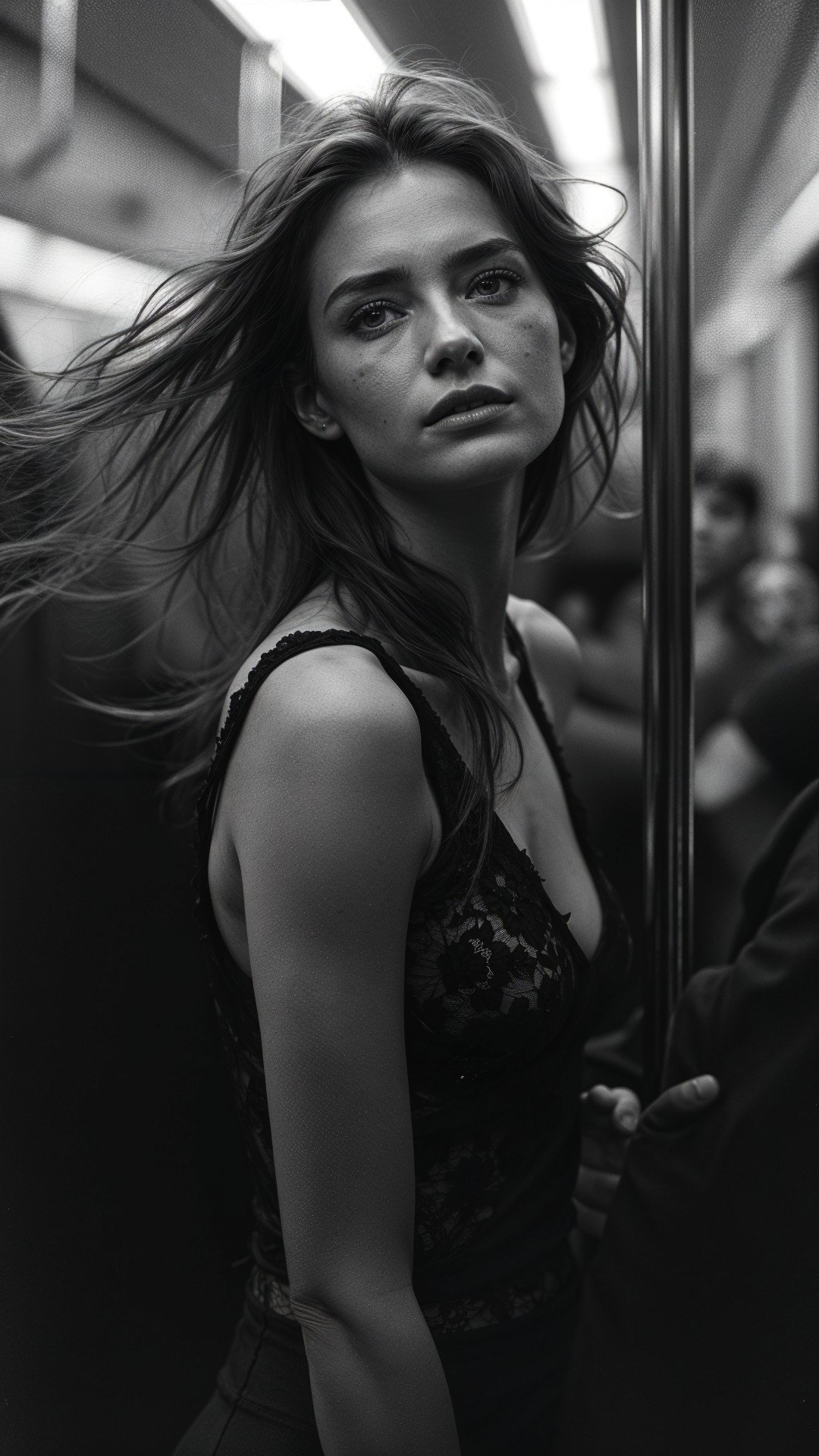 Woman in Subway Car with Flowing Hair and Emotions