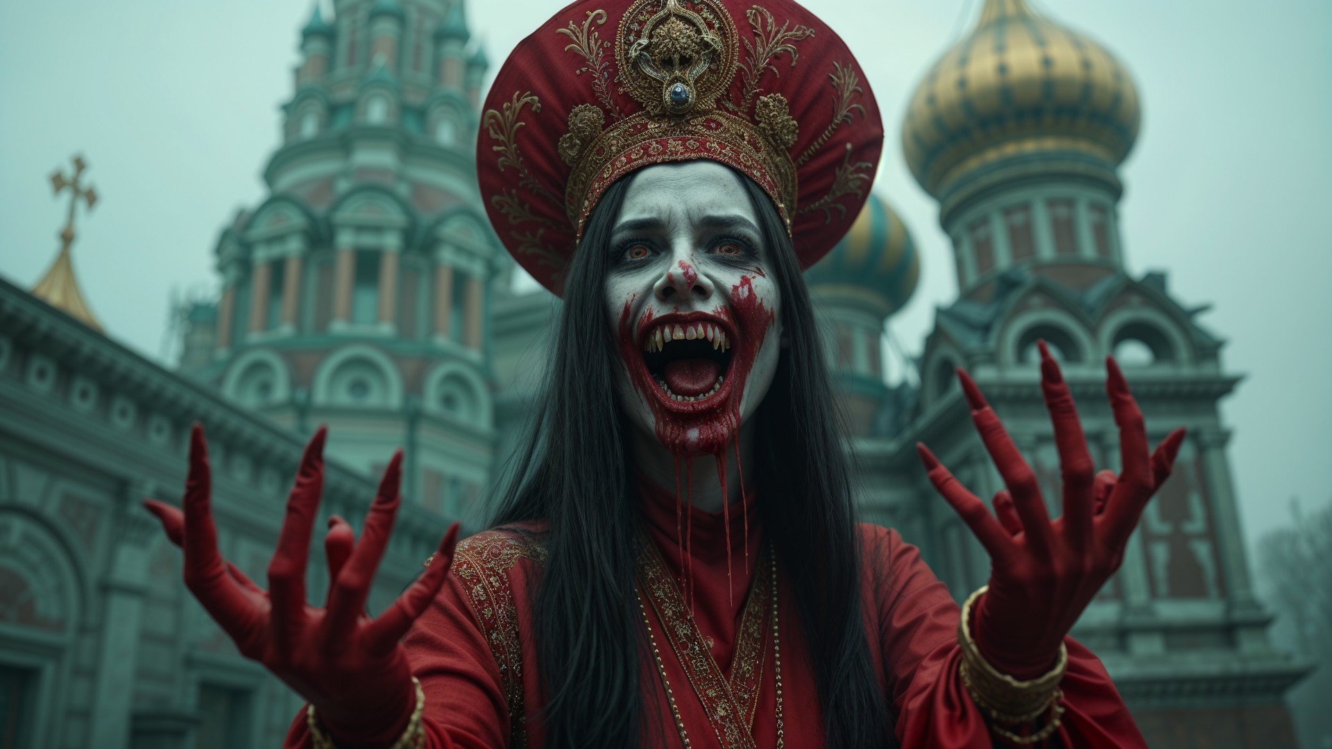 Chilling Figure in Red Costume with Eerie Makeup