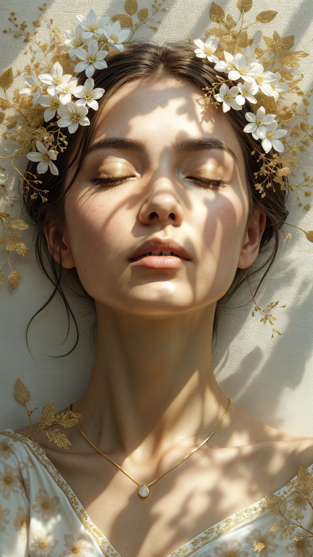 Portrait of a woman with flowers and golden leaves