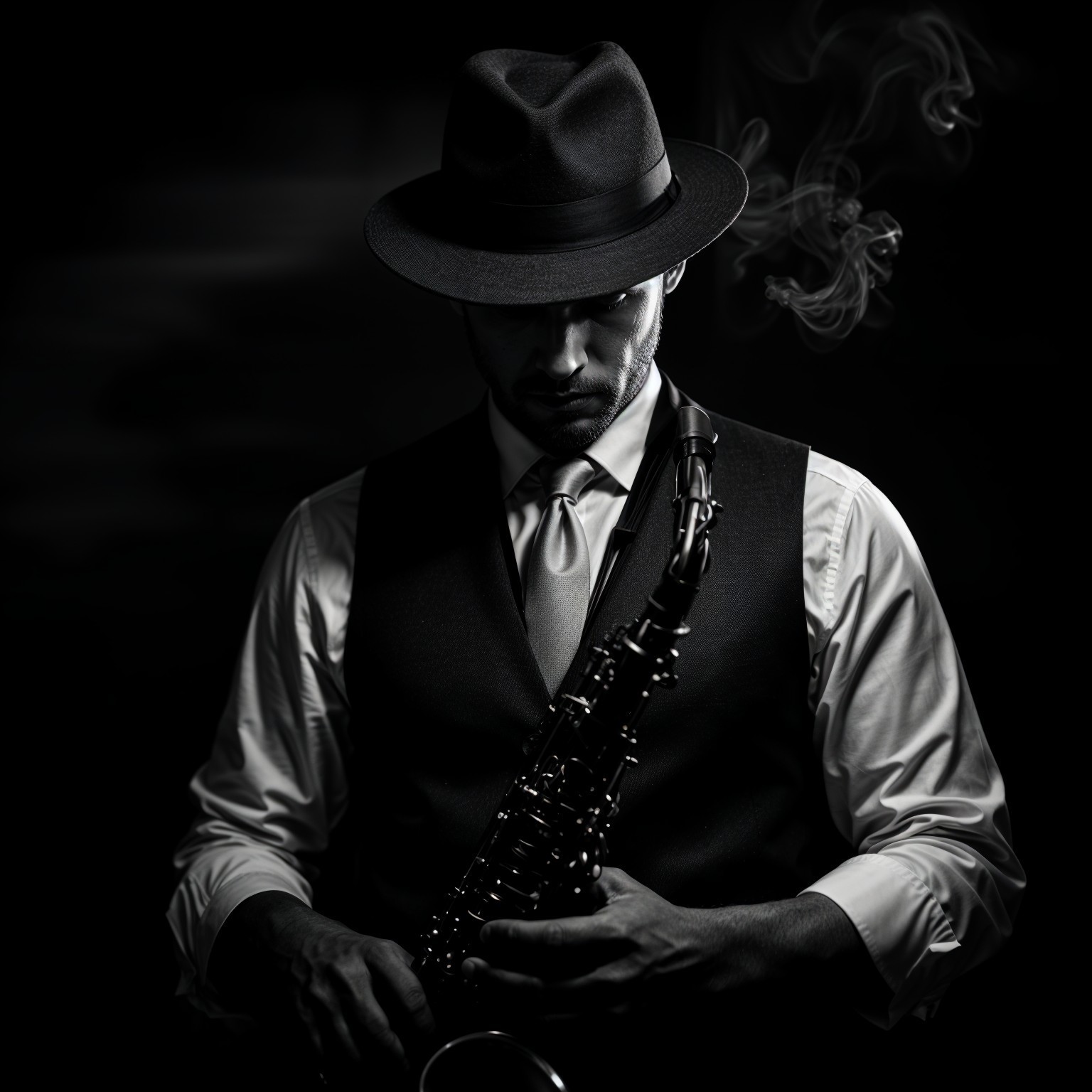 Monochrome Portrait of a Man with Saxophone and Smoke