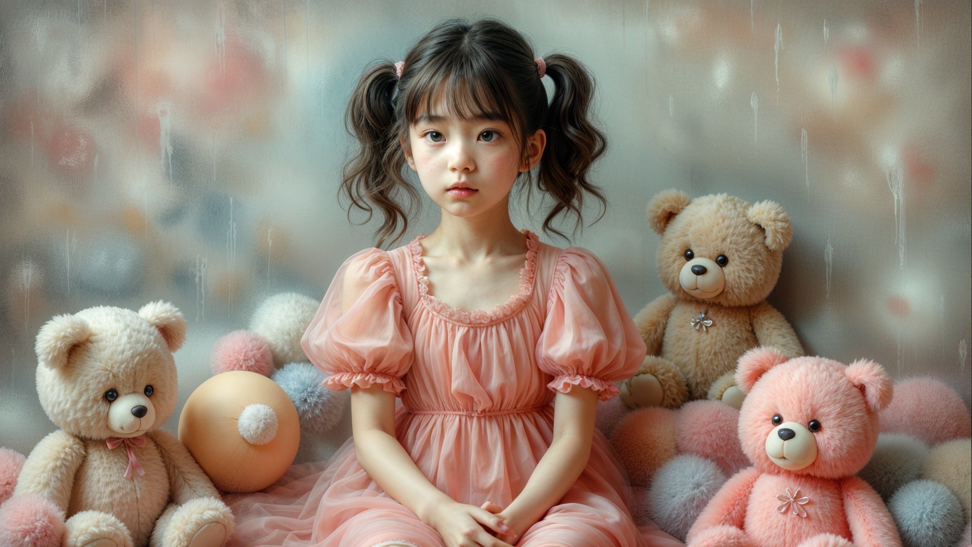 Young girl in pink dress surrounded by teddy bears