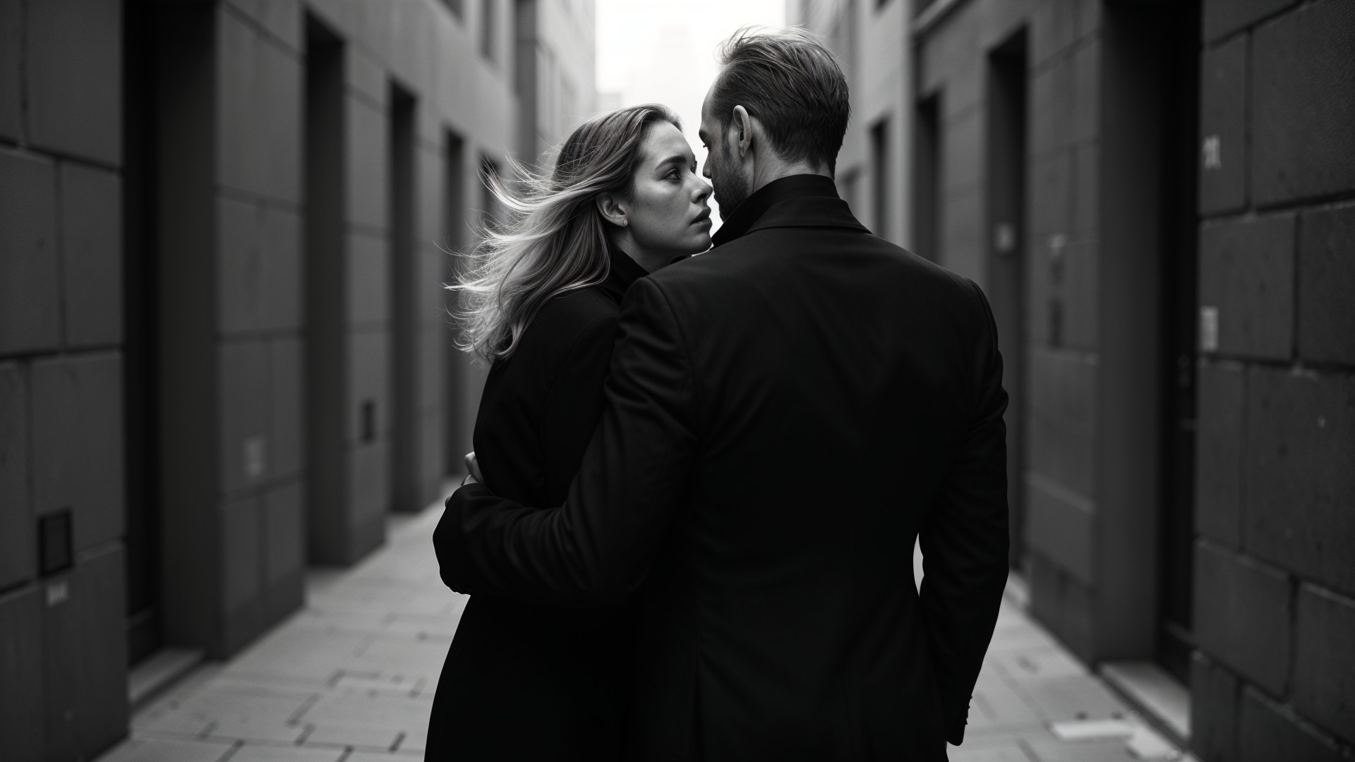 Intimate Black-and-White Scene of a Couple in Alley