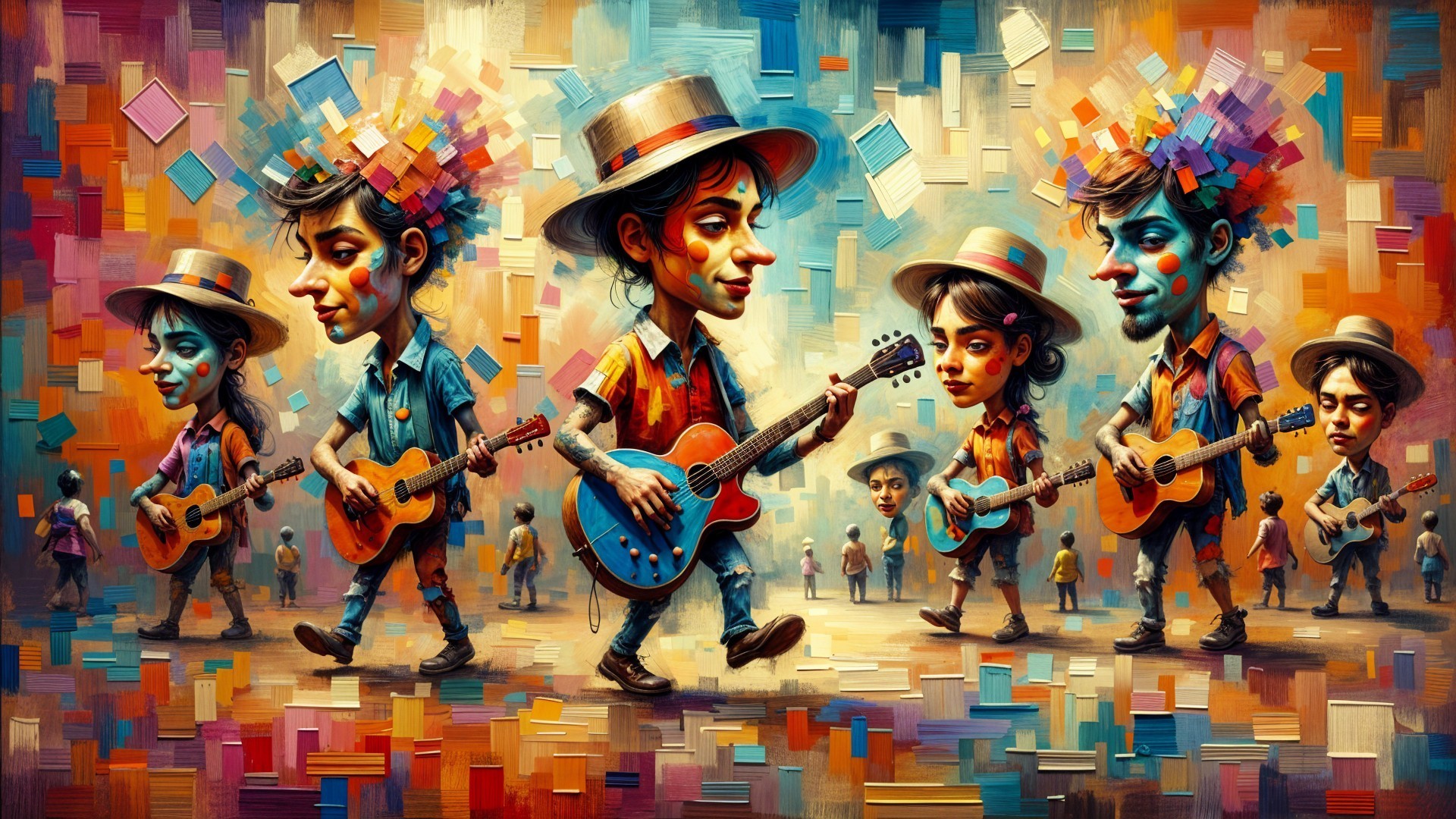Surreal Illustration of Character Playing Guitar in Colorful Landscape