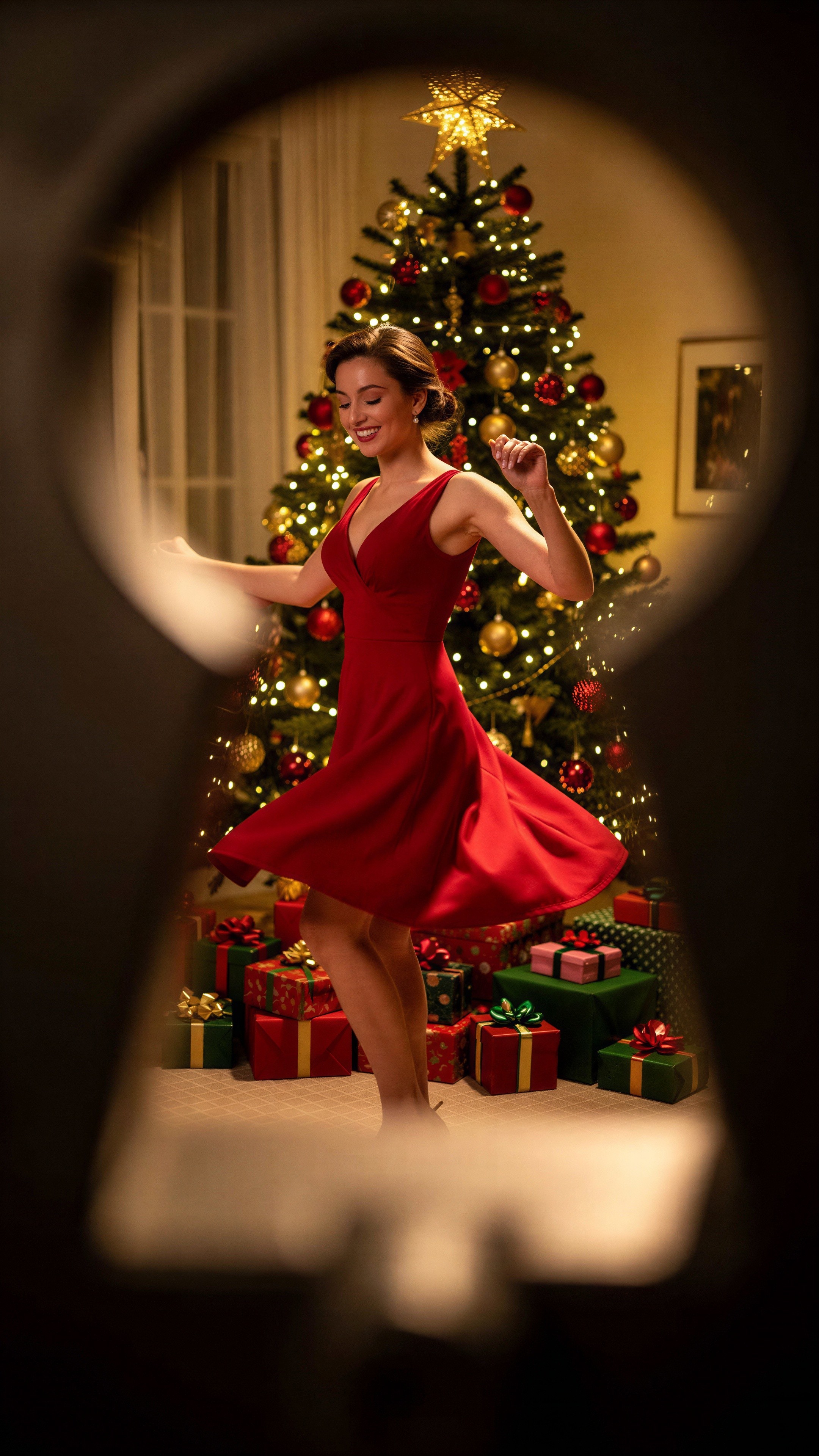 Young Woman Dancing by Christmas Tree in Cozy Room