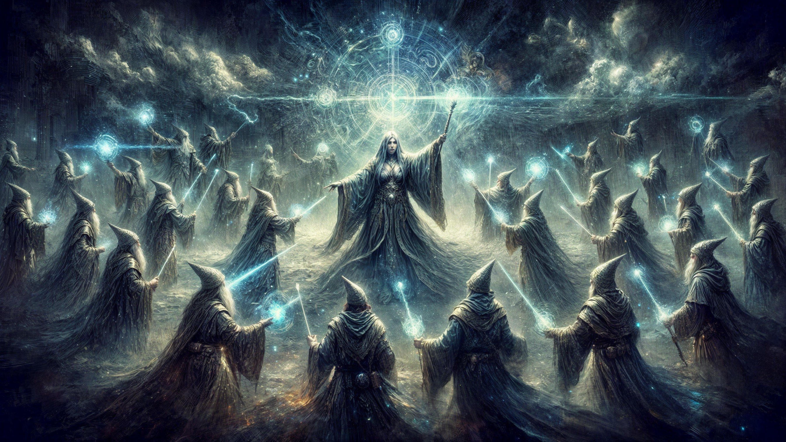Mystical Ritual with Cloaked Figures and Orbs