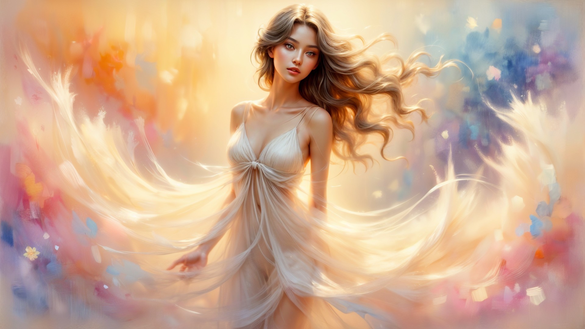 Graceful figure in sheer dress with pastel backdrop