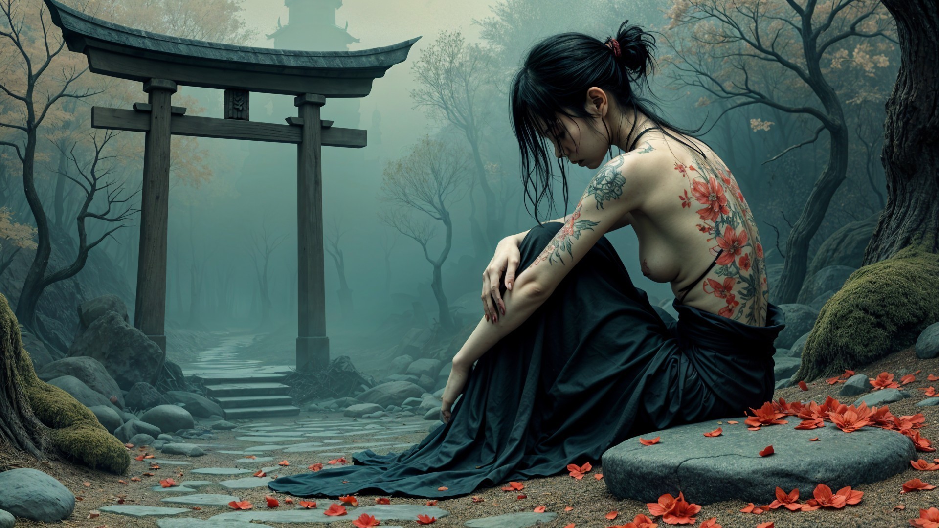 Serene Landscape with Woman in Black Dress and Torii Gate