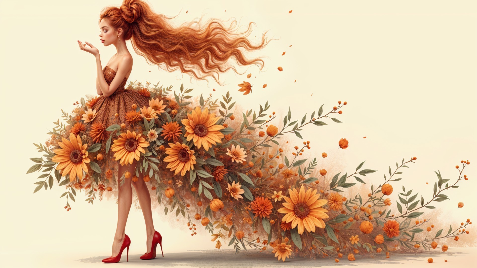 Whimsical Figure in Floral Gown Surrounded by Nature