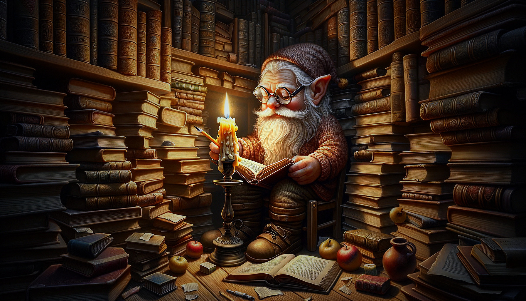 Cozy Library Scene with a Gnome and Books