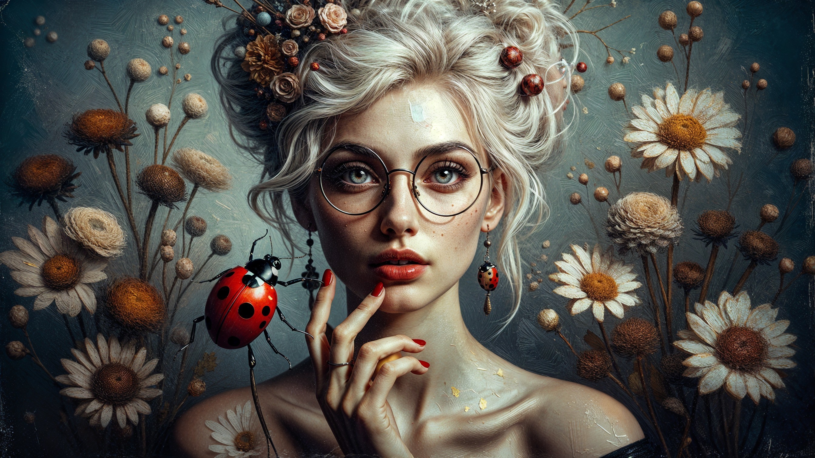 Young woman with wavy blonde hair and flowers